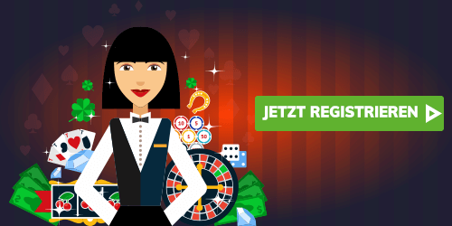 Casino Illustration mit Spielfiguren und Registrieren Button
